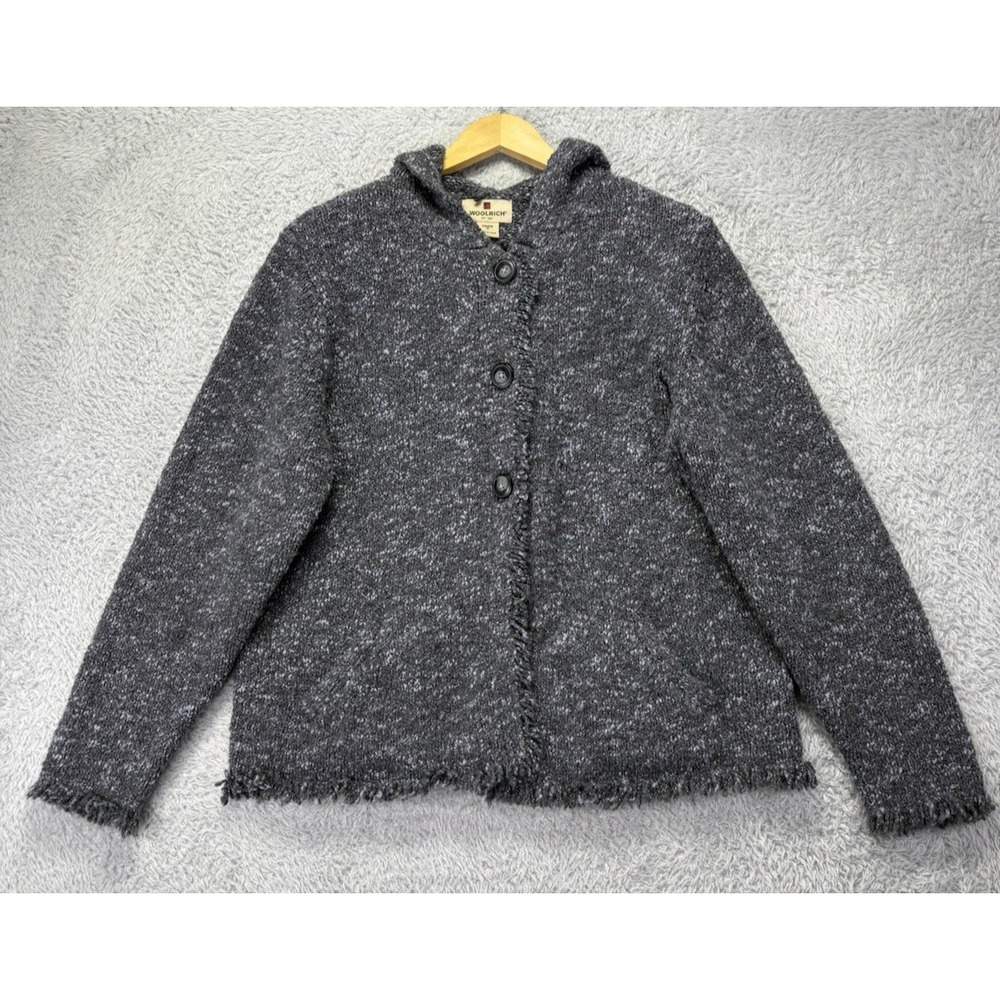 Woolrich Womens M Charcoal Heather Wool Blend Hooded Cardigan Sweater Jacket